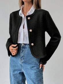 SHEIN Clasi Tweed Patchwork Woolen Coat For Women - Black - View 1