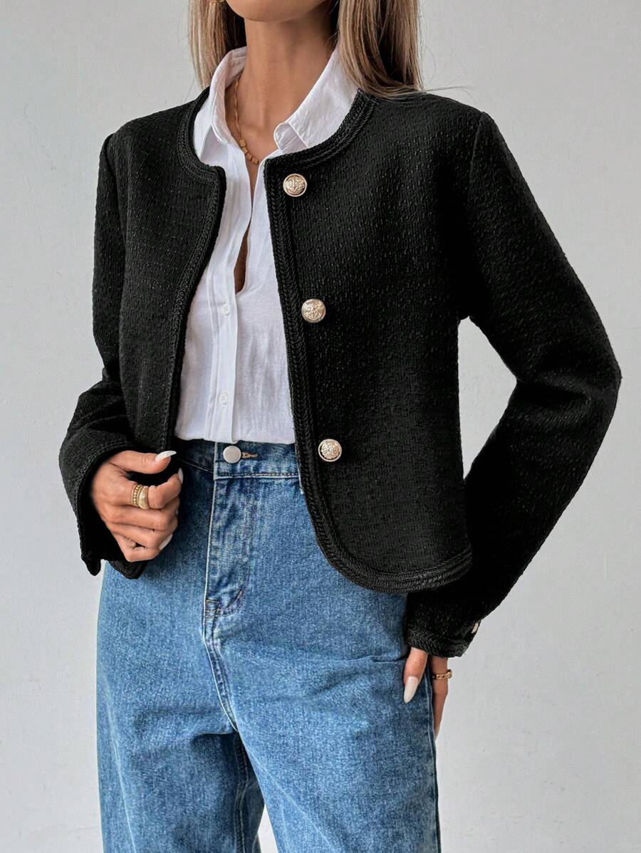 SHEIN Clasi Tweed Patchwork Woolen Coat For Women - Black - View 1