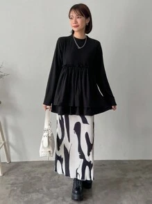 FRIFUL Áo thun nữ dáng chữ A vải chắp vá, áo dài tay nhún bèo cho nữ - màu đen - Xem 2