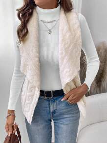 SHEIN LUNE Oversized Collar, Asymmetrically Hemmed, S-Shaped Ribbed Texture Reversible Sleeveless Women's Casual Jacket - Apricot - View 6