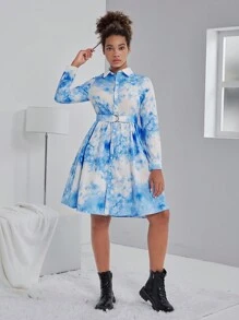 Rochie cămașă cu mânecă lungă, cu imprimeu digital, lejer, proaspătă pentru fete adolescente