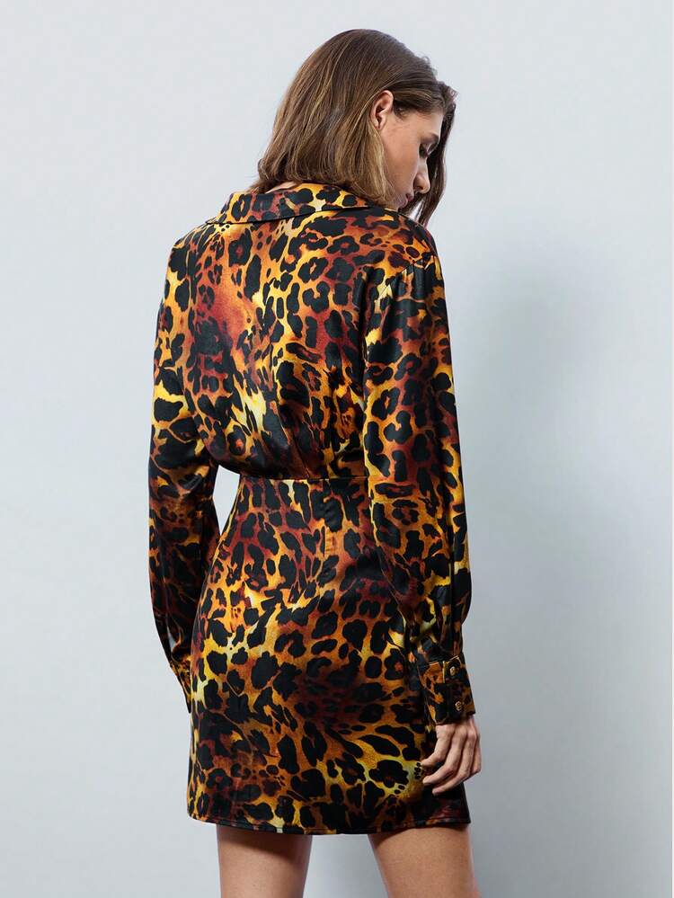 SHEIN Maija Leopard Print Chic Urban Short Sleeve Dress Cheetah Dress
