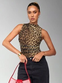 SHEIN BAE Women's Summer Leopard Print Pleated Fitted Bodysuit - Brown - View 4