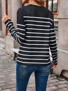 EMERY ROSE Women Color Block Striped Print Long Sleeve T-Shirt Graphic Tees Women Tops For Spring Outfit - Black and White - View 2