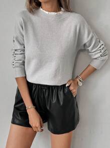 SHEIN LUNE Pull décontracté à col rond avec décoration de perles de faux-perles, printemps et automne, tricot pull automne hiver - Gris pâle - Voir 5