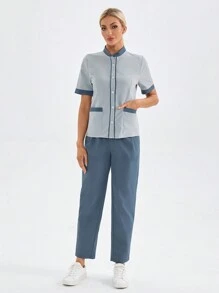 TaskEZ Set de 2 piezas de uniforme quirúrgico con cuello alto de un solo abotonadura, bolsillos y pantalones en colores contrastantes