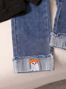 Moletom feminino com estampa de Halloween + calça jeans rasgada bordada