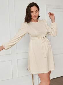 MaterniWear Maternity Autumn Winter Dress With Bow Belt, Nursing Dress For Pregnant Women - Apricot - View 3