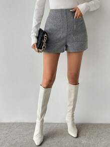 SHEIN Clasi 女士纯色休闲口袋短裤 - 灰色 - 查看 5