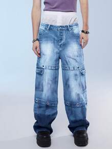 Manfinity Roghcode Quần Jeans Denim Thường Ngày Có Túi Và Nút Cho Nam - Rửa nhẹ - Xem 3