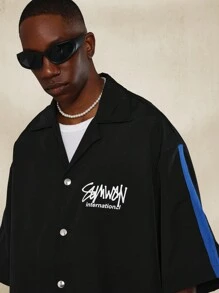 SUMWON Boxy Fit Revere Collar Shirt With Contrast Sleeve Print And Small Graphic Print - Black - View 3