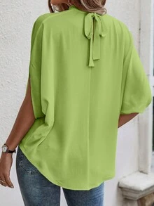 SHEIN Clasi 夏季休闲纯色中袖衬衫 - 青檸色 - 查看 2