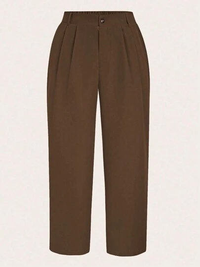 SHEIN Clasi מידות גדולות נשים מוצקות קפלים ישרים משוחררים מכנסי עבודה קז'ואל