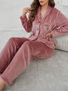 Plush Collar Pocket Embroidered Long Sleeve Top & Pants Fluffy Pajama Set, Fall Winter Clothes, Cozy Outfit - Dusty Pink - View 5