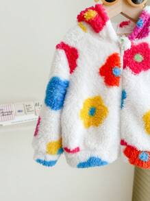 Baby Girl Cute & Versatile Fluffy Floral Print Hooded Jacket, Autumn/Winter