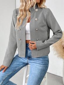 Chiquease Chaqueta con doble botonadura de metal con cuello alto, manga larga y estampado de pata de gallo para mujer, para primavera y otoño