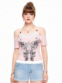 ROMWE Goth Women Off Shoulder Backless Short Sleeve Floral Lace Trim Sweet T-Shirt