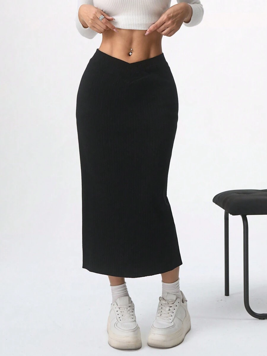 SHEIN EZwear Saia suéter feminina casual de malha preta com bainha dividida - Preto - Ver 1