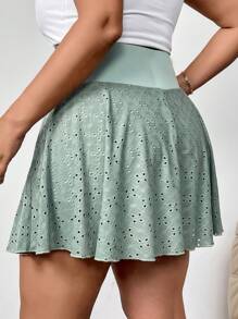 SHEIN Privé Plus Size Summer Elegant Casual Athletic Hollow-Out Textured Skort With Pockets, Green - Army Green - View 2
