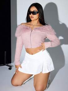 SHEIN ICON Plus Áo khoác hở vai viền lông ngắn màu hồng, cho mùa đông - Hồng - Xem 5