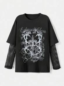 Women Gothic Abstract Pattern Print Mesh Contrast Long Sleeve T-Shirt - Black - View 1