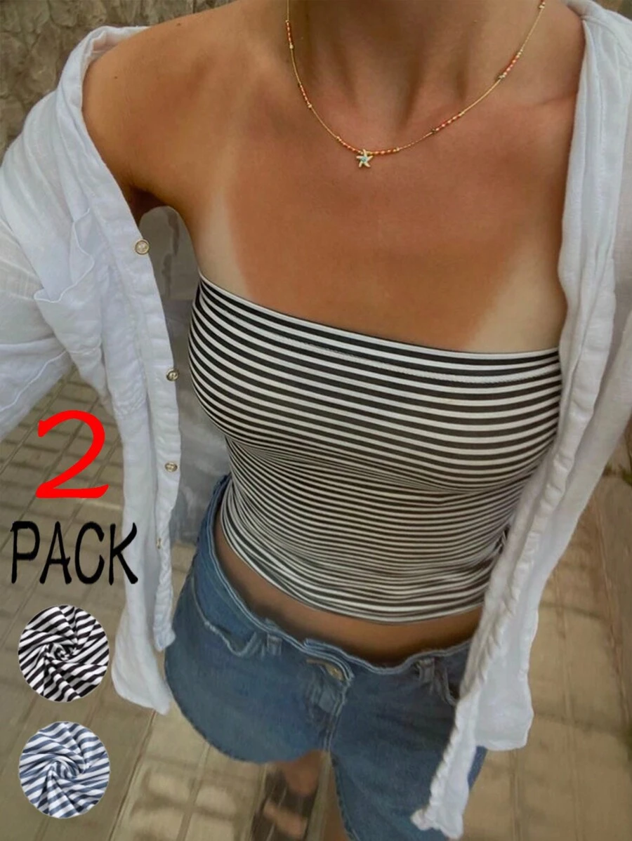 Chiquease 2pcs Casual Contrast Stripe Cropped Bustier Top
