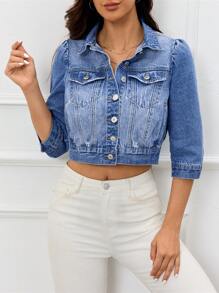 SHEIN Essnce 春夏休闲猫须剪裁牛仔夹克 - 淺色水洗藍 - 查看 1