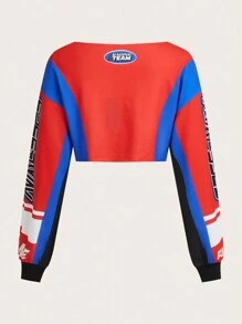 SHEIN ICON Y2k 露肩长袖女校服返校节连衣裙女式宽松短款毛边学院风机车运动衫、毕业长袖上衣、返校服装、毕业典礼、女士教师服装、秋冬返校 - 彩色 - 查看 3