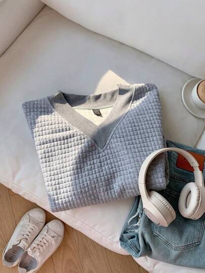 Comfortcana Sudadera de cuello redondo para mujer de punto de gofre gris