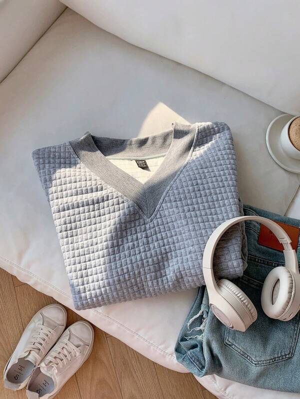 Comfortcana SHEIN EZwear Casual Simple Women's Waffle Oversized Gray V-Neck Loose Sweatshirt