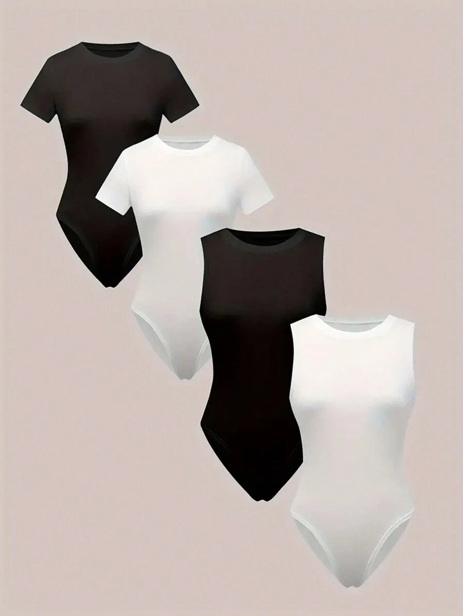 INAWLY Bộ 2 áo liền quần cổ tròn trơn cỡ lớn tối giản - 1 áo không tay, 1 áo tay ngắn - Nhiều màu - Xem 1