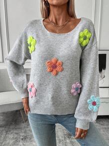 EMERY ROSE Damen 3D Blumen Dekor Rundhals Langarm Strickpullover, Langarm Oberteile, Herbst Winter - Grau - Übersicht 3