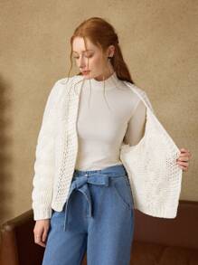 SHEIN MOD Cardigan Solto Branco Feminino, Queda/Inverno, Anos 90, Renascença, Old Money, Homecoming, Casual Business, Moda Coreana, Cottage Core, Vestuário de Escritório - Branco - Visão 11