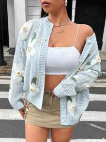 Flirla Áo len cardigan dài tay khoét lỗ họa tiết hoa cỡ lớn cho nữ, mùa thu/đông - Nhiều màu - Xem 5