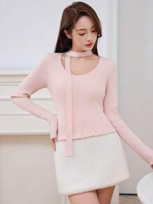 EastFlair Fall Winter Women's Pink Long Sleeve Ruffle Hem Sweater With Ribbon - Pink - View 6