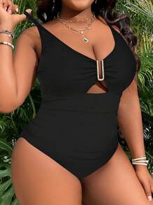 Swim Vcay Plus Size U Neck Hollowed Back Pleat One-Piece Swimsuit Summer - Black - View 6