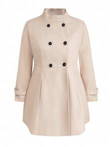 Plus Size Stand Collar Double Breasted Woolen Long Sleeve Jacket, Autumn Winter - Apricot - View 1
