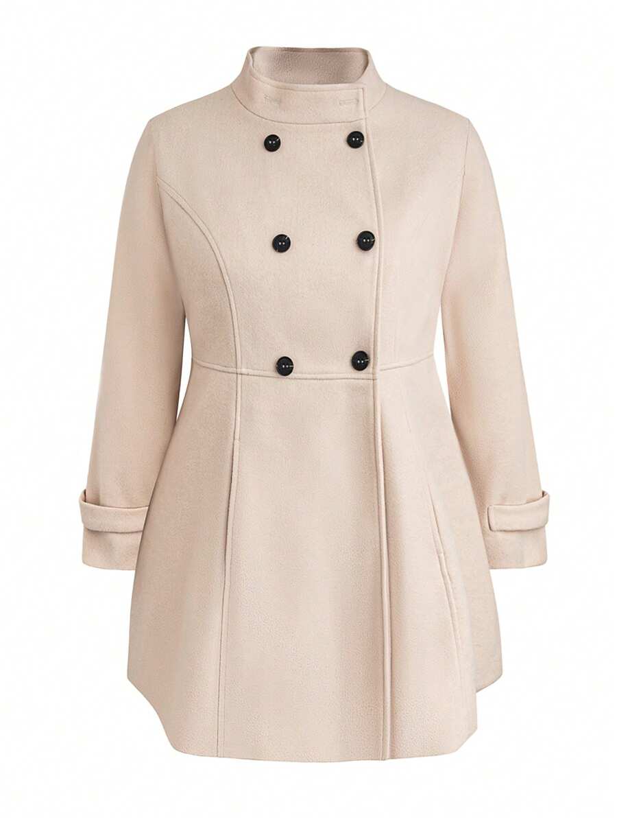 Plus Size Stand Collar Double Breasted Woolen Long Sleeve Jacket, Autumn Winter - Apricot - View 1
