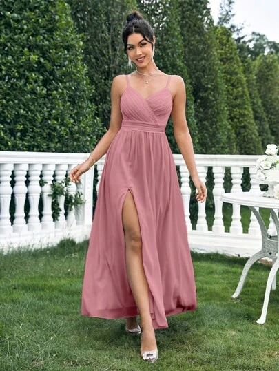 SHEIN Belle 女士优雅长裙，雪纺吊带开衩连衣裙，夏季长裙，派对鸡尾酒会礼服，正式晚礼服