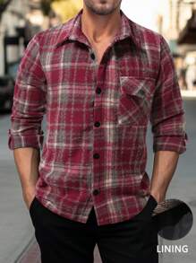 Manfinity Homme 男士格子印花前扣长袖衬衫，法兰绒衬衫 - 紅色 - 查看 1