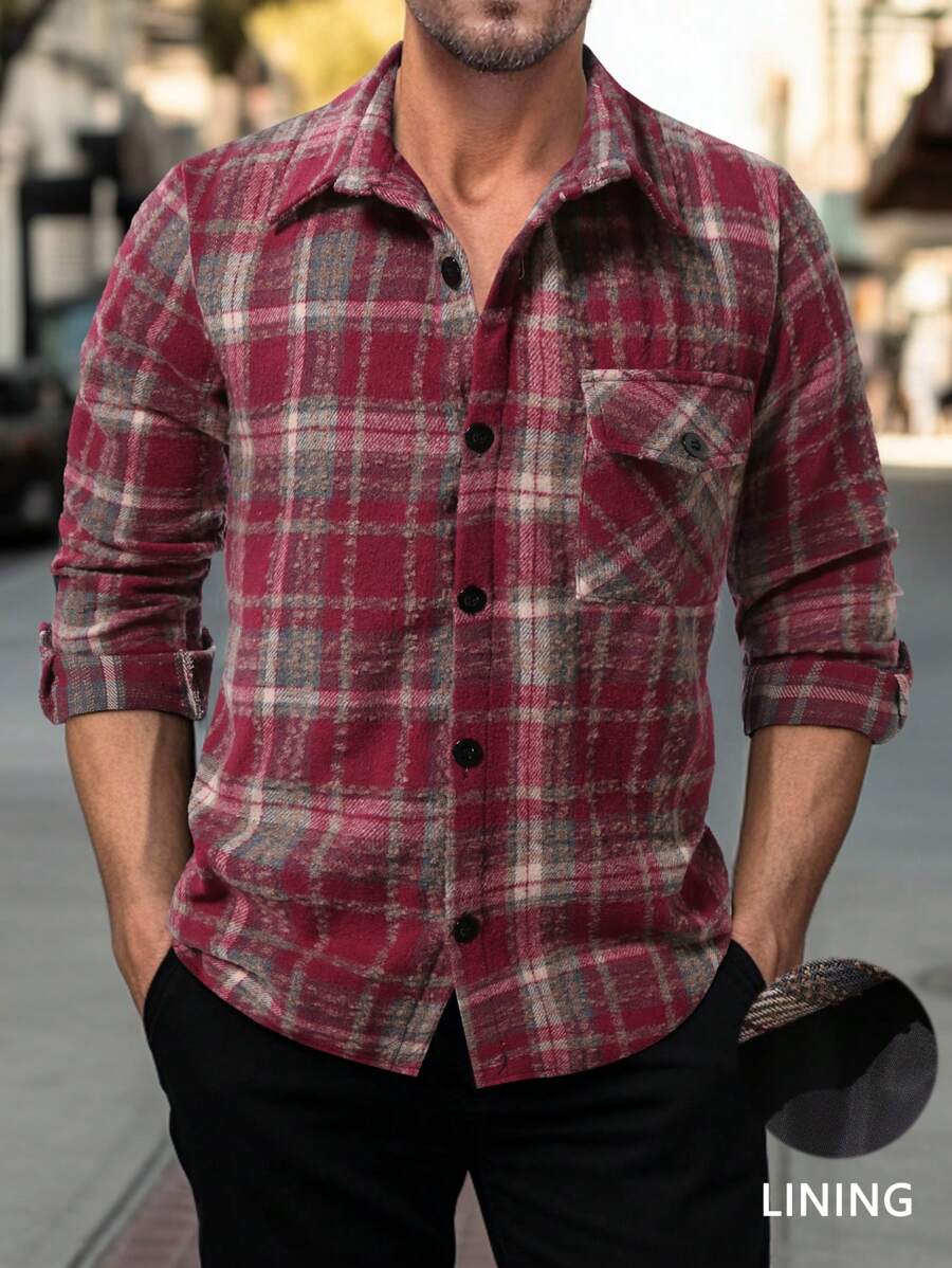Manfinity Homme 男士格子印花前扣长袖衬衫，法兰绒衬衫 - 紅色 - 查看 1