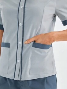TaskEZ Set de 2 piezas de uniforme quirúrgico con cuello alto de un solo abotonadura, bolsillos y pantalones en colores contrastantes