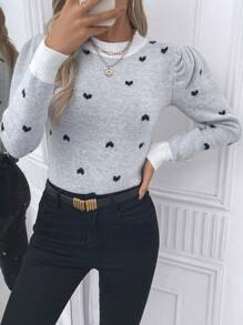 SHEIN Clasi Suéter de cuello redondo de manga larga con estampado de corazones