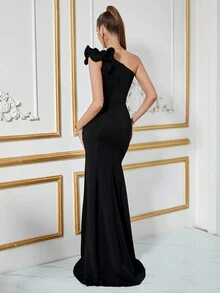 ADYCE Vestido elegante de noche, fiesta, graduación, cena, color negro formal para bodas y eventos, con un hombro, fruncido, pliegues delanteros y abertura lateral - Negro - Ver 2