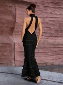 女士无袖褶皱露背荷叶边美人鱼绷带连衣裙 - 黑色 - 查看 1