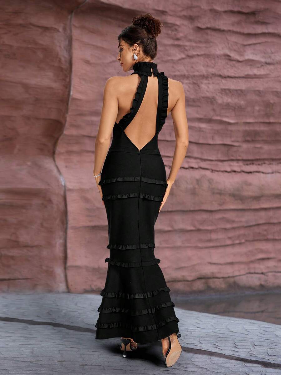 女士无袖褶皱露背荷叶边美人鱼绷带连衣裙 - 黑色 - 查看 1