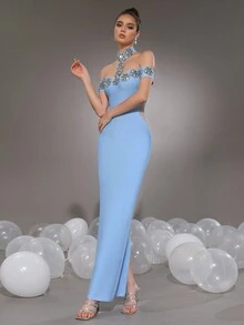 Modphy 新款女款黑色露肩性感重工奢華鑽飾緊身長版繃帶洋裝，婚禮伴娘禮服，正式晚宴派對洋裝 - 淺藍色 - 查看 5