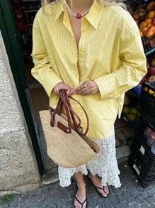 INAWLY Damen Hemd mit Knöpfen vorne, gestreifter Muster, langer Arm, Bluse