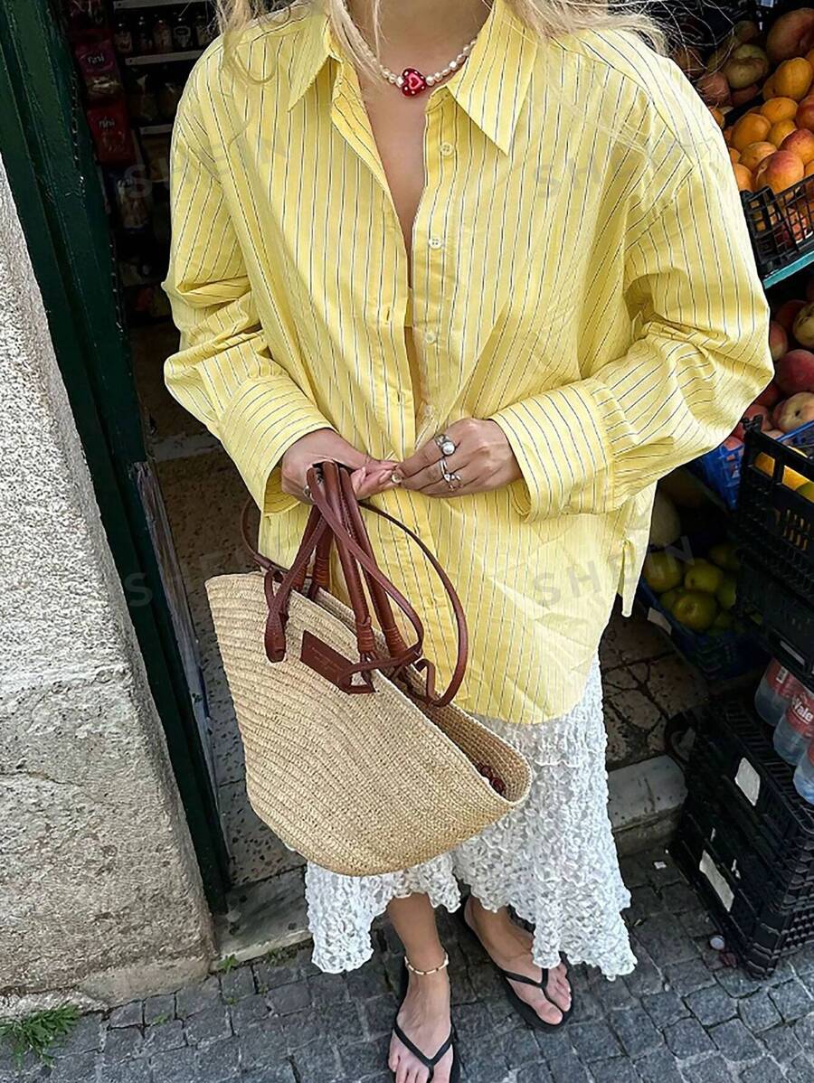 INAWLY Damen Hemd mit Knöpfen vorne, gestreifter Muster, langer Arm, Bluse