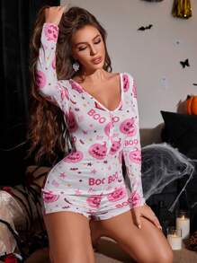 Cute Bat & Pumpkin Printed Romper Women Sleepwear, For Fall, Halloween - Multicolor - View 4
